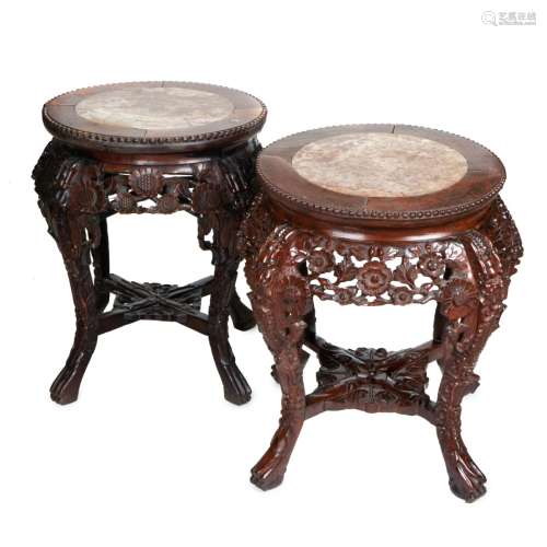 TWO CHINESE ROSEWOOD MARBLE INSET TABLES