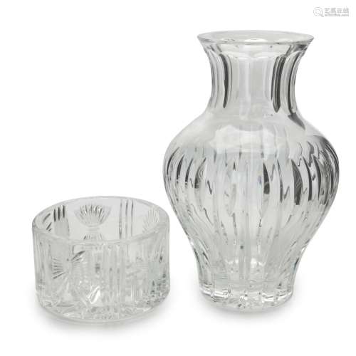 TWO WATERFORD GLASS VASE AND WINE BOTTLLE COASTER
