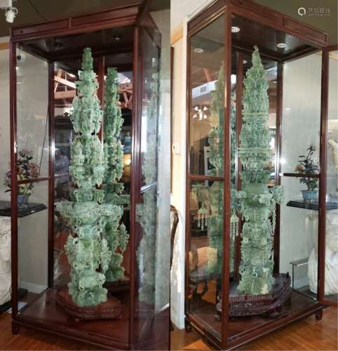 PAIR OF LARGE JADE PAGODA TOWERS IN GLASS CASES