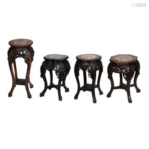 FOUR CHINESE ROSEWOOD MARBLE TOP TABLES