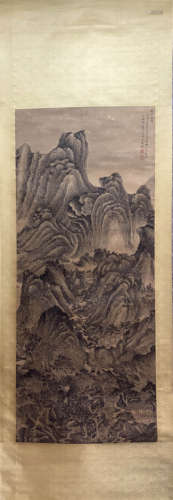 WANG MENG, Chinese Landscape Painting Paper Hanging Scroll