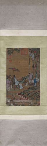 QIU YING, Chinese Landscape Painting Hanging Silk Scroll