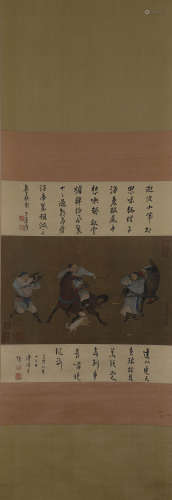 QIU YING, Chinese Horse Painting Hanging Scroll