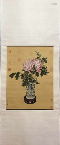 LANG SHINING, Chinese Flower Painting Silk Hanging Scroll