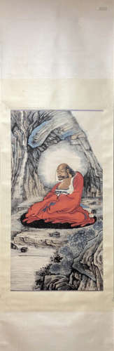 QIAN HUAFO, Chinese Arhat Painting Paper Hanging Scroll