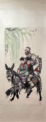 HUANG ZHOU, Chinese Figure Painting Paper Hanging Scroll