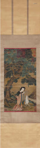 LI TANG, Chinese Immortal and Stag Painting Hanging Silk Scr...