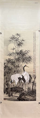 MO JIANCHENG, Chinese Crane Painting Paper Hanging Scroll