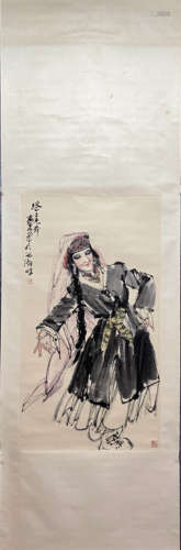 HUANG ZHOU, Chinese Figure Painting Paper Hanging Scroll