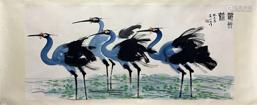 HUANG YONGYU, Chinese Crane Painting Paper Hanging Scroll