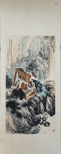 ZHANG SHANZI, Chinese Tiger Painting Paper Hanging Scroll