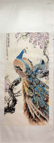 JIA GUANGJIAN, Chinese Peacock Painting Paper Hanging Scroll