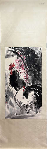 SHI QI, Chinese Rooster Painting Paper Hanging Scroll