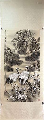 MO JIANCHENG, Chinese Crane Painting Paper Hanging Scroll