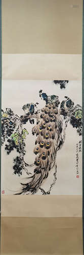 YUAN XIAOCEN, Chinese Peacock Painting Paper Hanging Scroll