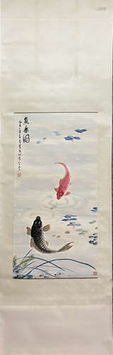 WU QINGXIA, Chinese Carps Painting Paper Hanging Scroll