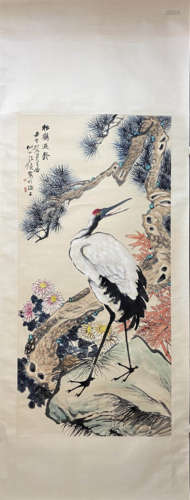 WANG KUN, Chinese Crane Painting Paper Hanging Scroll