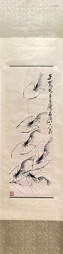 QI BAISHI, Chinese Shrimp Painting Paper Hanging Scroll