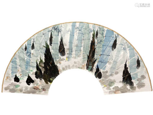 WU GUANZHONG, Chinese Colorful Forest Painting on Fan