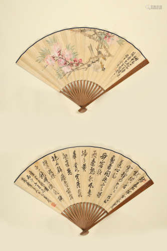 吴昌硕、金湅(1844-1927)  1896年作 行书五言诗·桃花山雀 设色纸本...