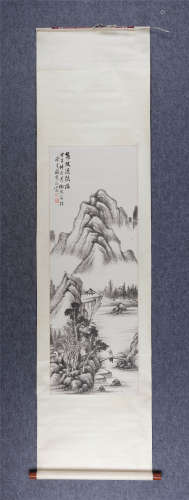 施云生(1876-1953)  1924年作 策杖渡溪桥  水墨纸本 立轴