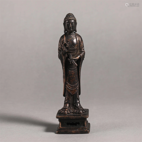 China Ming Dynasty Bronze Lacquer Gold Shakyamuni Buddha Sta...