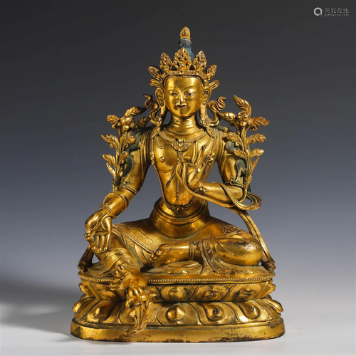 China Qing Dynasty Gilt Bronze Green Tara Statue