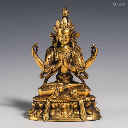 China Qing Dynasty Inlaid gold four-armed Avalokitesvara