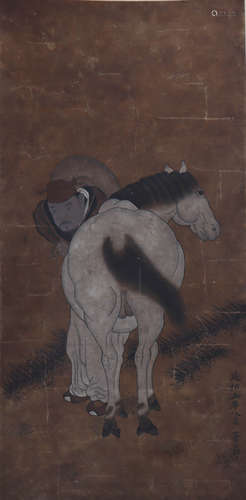 Chinese Figure And Horse Painting, Zhao Ziang Mark