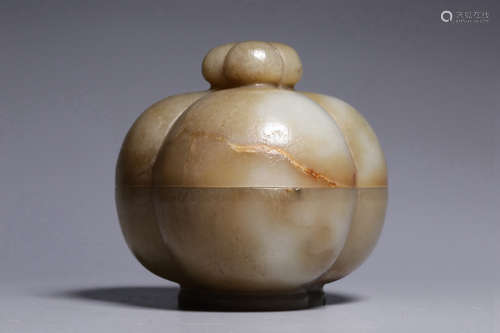 Khotan White Jade Melon-Shape Box And Cover