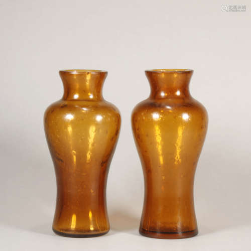 Pair Of Glass Amber Splashed Gold Guanyin Ping Vases
