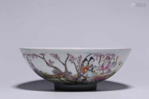Famille Rose Figure Landscape Inscribed Bowl, Ren Huanzhang ...