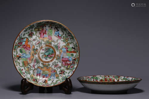 Pair Of Guangcai Figure Landscape Dishes