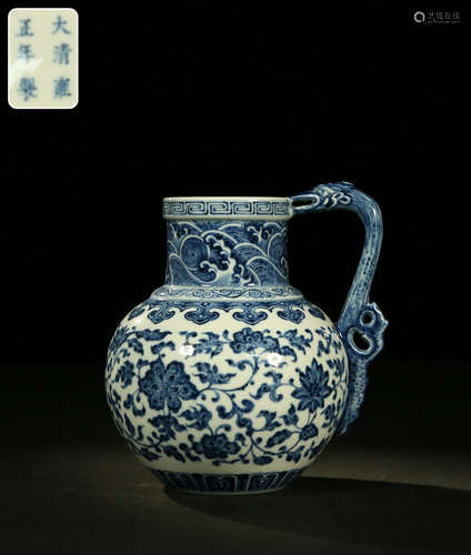 Blue And White Floral Dragon Shape Handle Hu Vessel