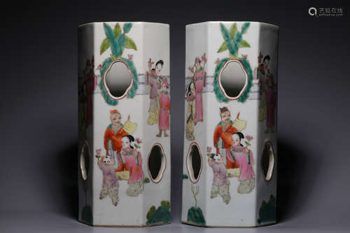 Pair Of Famille Rose Panel Ruyi Figure Landscape Hat Stands