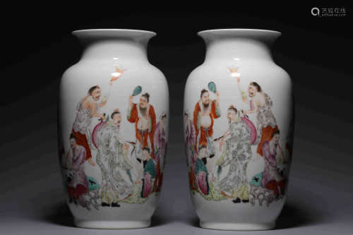 Pair Of Famille Rose Immortals Lantern Shape Vases