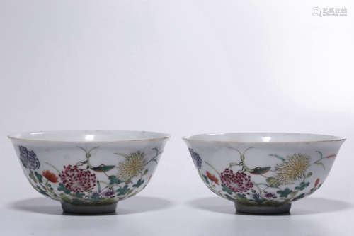 Pair Of Famille Rose Flower And Insects Bowls