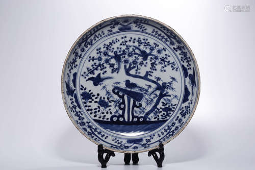 Blue And White Magpie And Prunus Plate