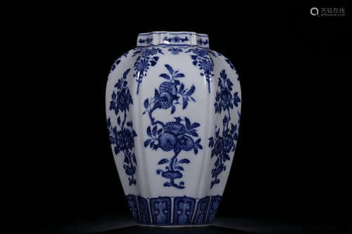 Blue And White Flower And Vegetable Hexagonal Shape Vase