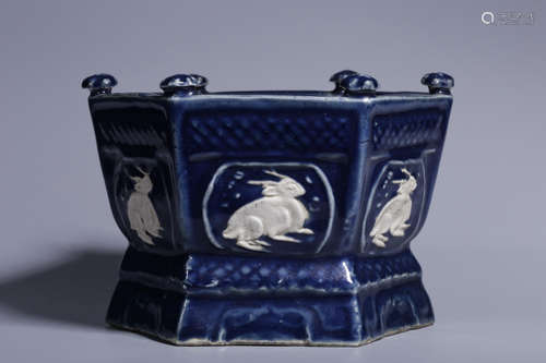 Blue Glaze White Rabbits Hexagonal Washer