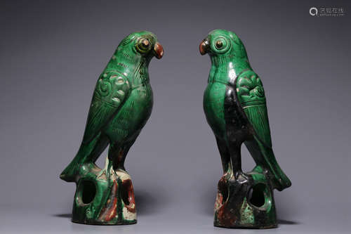 Pair Of Colored Glaze Parrots