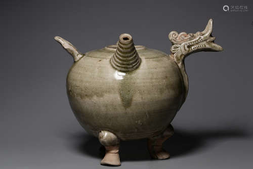 Celadon Dragon Finial Tea Pot, Small Chipped Visible