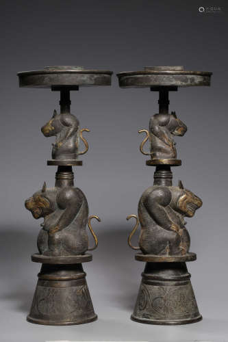 Pair Of Gilt Bronze Mythical Beast Candle Sticks