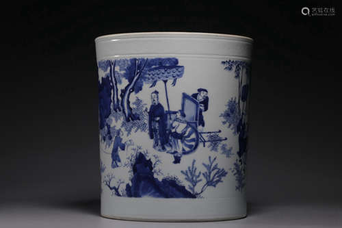 Blue And White Figure Landscape Brush Pot