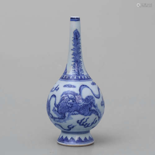 Blue And White Lion Bottle Vase