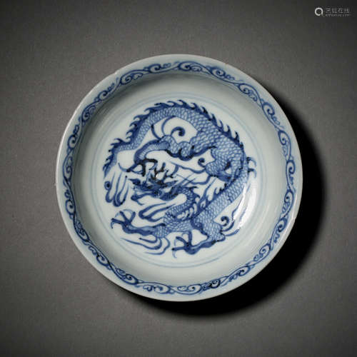 Yuan Dynasty of China,Blue and White Dragon Pattern Plate