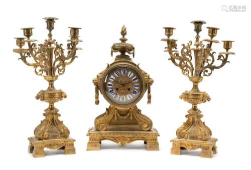 19th.C French Bronze Clock and Candelabra Set