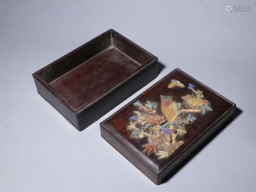 Chinese Zitan Wood Jewelry Case w Soapstone Inlaid