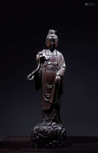 Chinese Zitan Wood Hand Carved Guanyin Statue