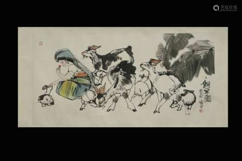 Chinese Ink Color Painting w Calligraphy